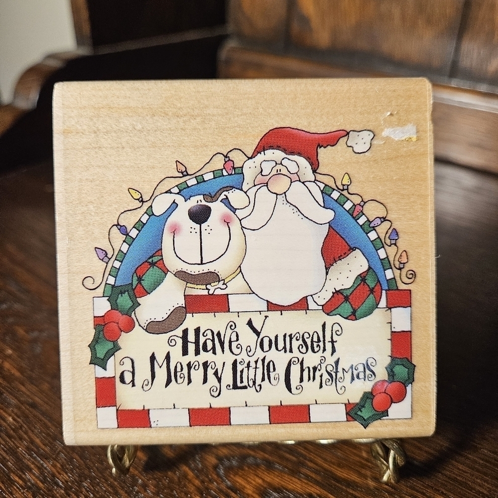 Christmas greeting Rubber Stamp Santa and dog greeting.